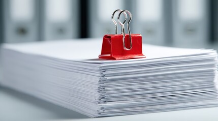 Stack of white papers is secured with a bright red binder clip in an office setting.