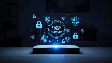 Secure home network router with glowing blue shield icons floating above it in dark room