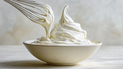 Whipped cream in a ceramic bowl, lifted by a metal whisk, forming a smooth peak. The creamy texture is visible, with strands stretching between the whisk and the bowl. Neutral background.
