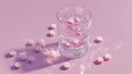 A glass of water with pink tablets submerged in it. Additional pink tablets are scattered on a pink surface around the glass. The scene is static, with no human presence