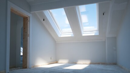 Bright and airy attic room with three skylights casting natural sunlight on pristine white walls and unfinished concrete floor, showcasing potential for modern interior design transformation