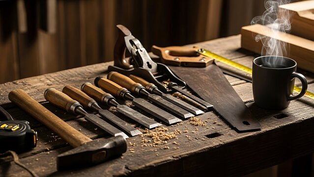 Woodworking tools on a wooden workbench with a steaming coffee mug