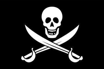 Crossed Swords Jolly Roger, a pirate flag with skull and crossed sabers on black field. Boarding cutlass, the principal weapon of a typical pirate and buccaneer. Black and white illustration. Vector