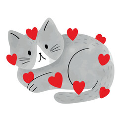 Cute Watercolor Cat with Red Hearts