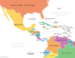 Middle America, multi colored political map. Subregion in the Northern Hemisphere tropics of the Americas. Mexico, countries of Central America, and island countries and territories of the Caribbean.