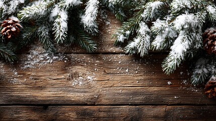 Festive winter scene with snow-covered evergreen branches and pine cones resting on rustic wooden background, creating a cozy holiday atmosphere of seasonal tranquility and natural beauty