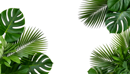  Lush green tropical leaves, including monstera and palm fronds, isolated on a transparent ba.png