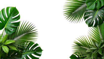  Lush green tropical leaves, including monstera and palm fronds, isolated on a transparent ba.png