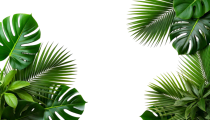  Lush green tropical leaves, including monstera and palm fronds, isolated on a transparent ba.png