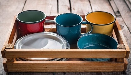 vibrant enamelware camping mugs plates bowls in a rustic wood crate relaxation adventure