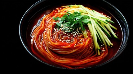 Bowl of spicy vermicelli noodles garnished with shredded cucumber and herbs is presented against a dark background