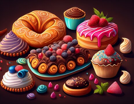 delicious pastries selection sweet treats and baked goods for breakfast dessert or patisserie showcase variety of flavors colorful sprinkles chocolate and berries in a modern cheerful style f