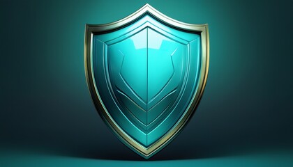 a glossy turquoise shield shape stands out against a dark gradient background