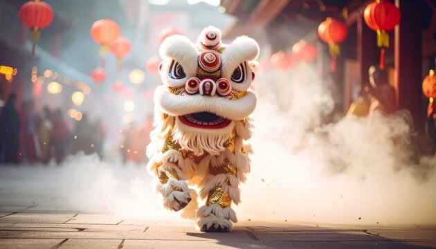 Traditional lion dance at chinese temple during lunar new year festival