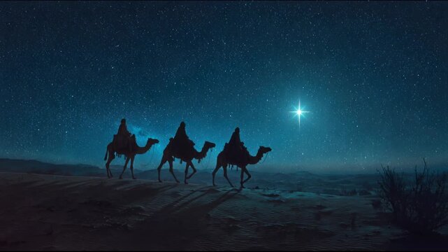three wise men riding camels in the desert at night
