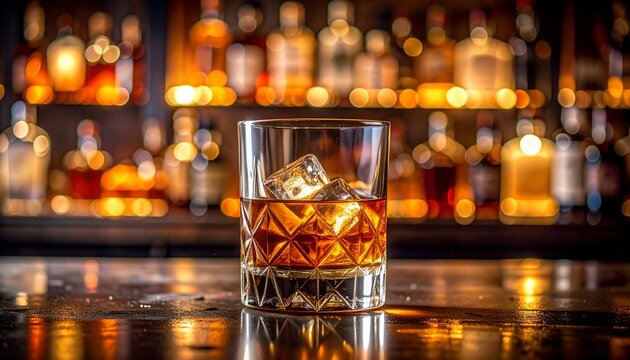 A lowball glass of amber liquor with ice, set against a blurred bar back