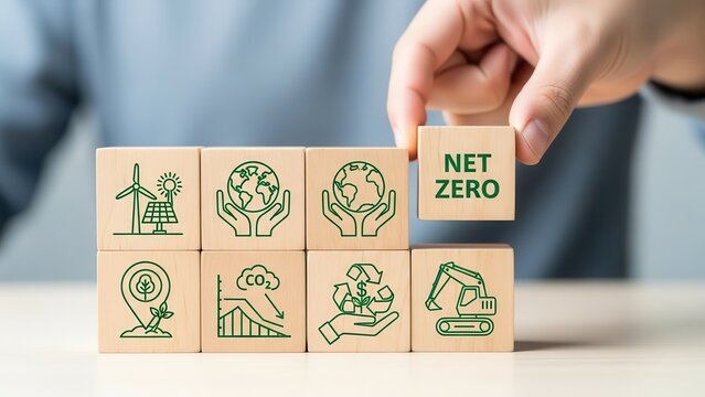 A person's hand places a wooden cube with the text "NET ZERO" onto a stack of other wooden cubes, each depicting an environmental symbol, representing a commitment to sustainability and environmental 
