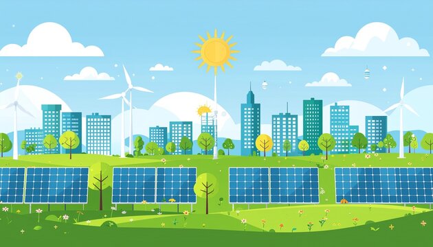 Ilustraci&oacute;n vectorial plana de una ciudad sostenible. Muestra paneles solares y turbinas e&oacute;licas en un campo verde con &aacute;rboles y flores, frente a un horizonte urbano bajo un cielo azul soleado con nub