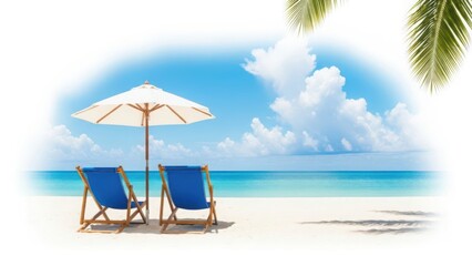 Obraz premium Serene beach scene with chairs and umbrella under palm tree isolated on white background