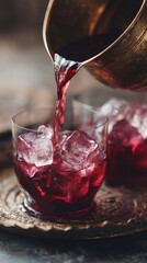 Red iced drink poured from engraved brass jug into crystal glass with large cubes on ornate oriental metal tray against dark blurred background, concept for advertising a drink
