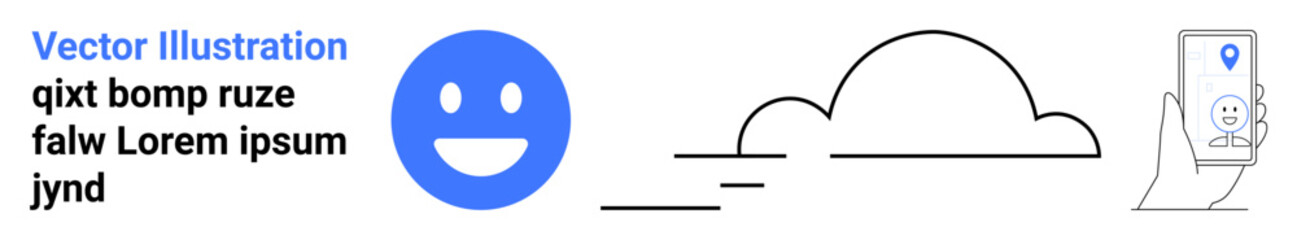 Fototapeta premium User interaction, cloud storage, social media, digital communication, happiness, location services. A smiling face icon, cloud symbol and phone with map pin. User interaction and cloud storage