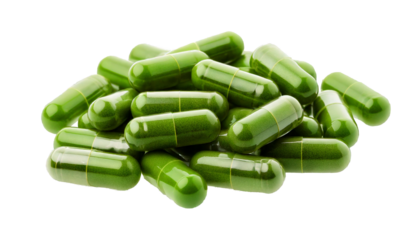 Pile of clear gelatin capsules, filled with green herbal powder, isolated on transparent bac.png