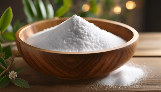 Aesthetic Of Health And Wellness Products Featuring A Rustic Wooden Bowl Filled With Pure White Zinc Oxide Powder