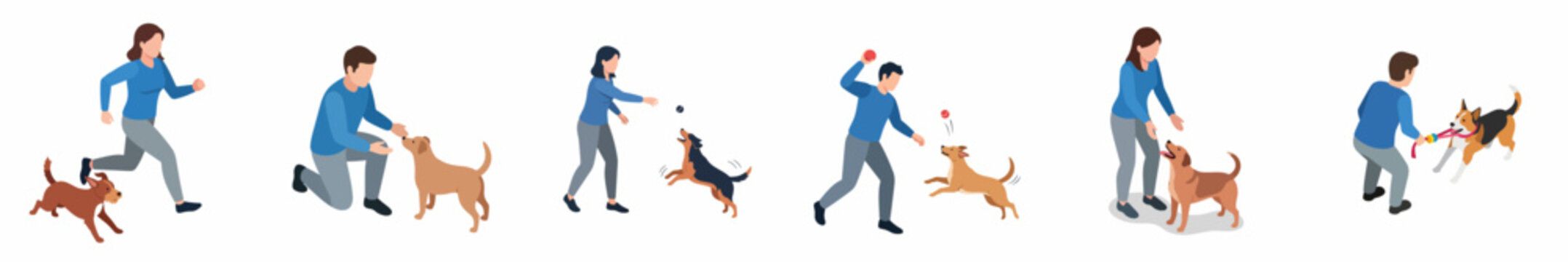 Simplified Flat Illustration Set of People Interacting with their Dog Animal Pet