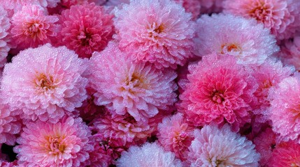 Abundant pink chrysanthemum blossoms covered in delicate morning frost provide a rich floral texture.