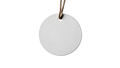 Plain white round tag with hole for hanging, isolated on a transparent background, cutout, P.png