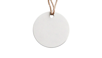 Plain white round tag with hole for hanging, isolated on a transparent background, cutout, P.png