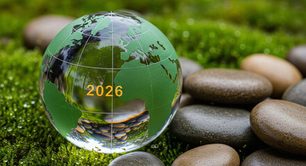 A crystal globe with a green map and the year 2026 on it, sitting on mossy stones.