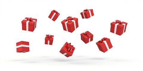 many red gift boxes are flying in the air