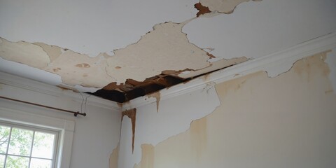 a room with water damage and mold on the ceiling