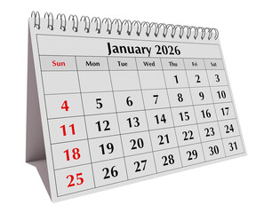 January 2026 calendar. Page of annual business desk winter month flip calendars isolated on transparent