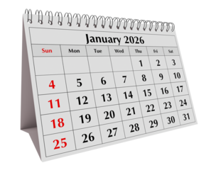 January 2026 calendar. Page of annual business desk winter month flip calendars isolated on transparent