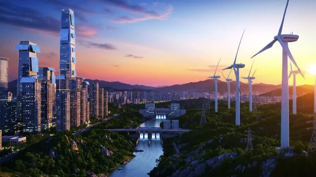 Futuristic city with wind turbines harmonizes with nature at sunset.