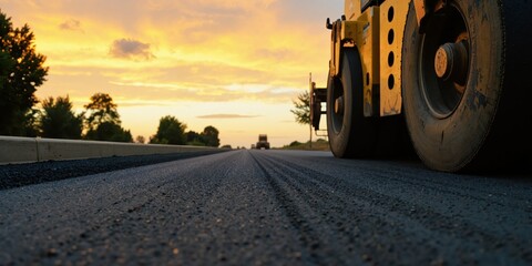 a construction vehicle driving on a road at sunset