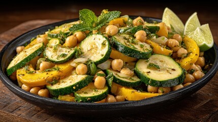 Sliced summer squash and chickpeas tossed with herbs are served in a dark bowl with lime wedges.