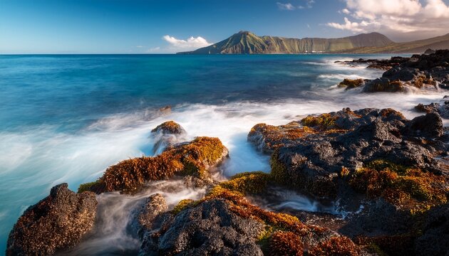 Long Exposure Of Rocky Shoreline With Limu P Lahalaha Seaweed And Iridescent Waves