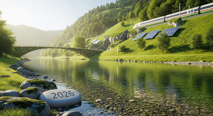 A serene landscape with a train and solar panels near a river in 2026