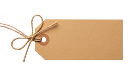 Brown kraft paper gift tag tied with twine isolated on transparent background Keywords: tag