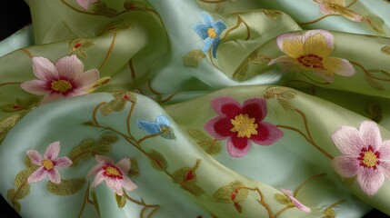Intricate floral embroidery decorates flowing, lustrous pale green textile folds