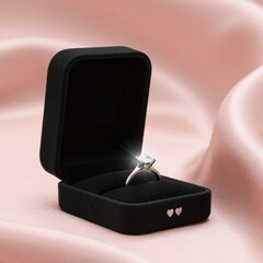 a diamond ring in a black box on a pink background