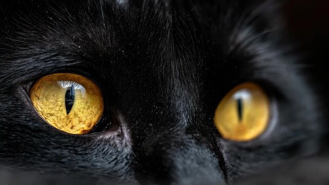 Close look at the eyes of a black cat with yellow pupils showing details of the surroundings in the background