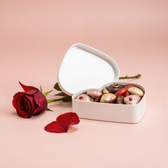 a white box with chocolate and a rose on a pink background