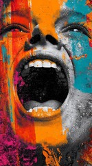 Vibrant pop art portrait capturing raw emotion with explosive colors and a wide-open mouth expressing intense feeling or scream