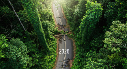 An aerial view of a road overgrown with greenery and vines in a dense forest with the year 2026 written on it