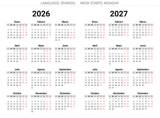 2026 and 2027 spanish annual calendars. Vector illustration  - year