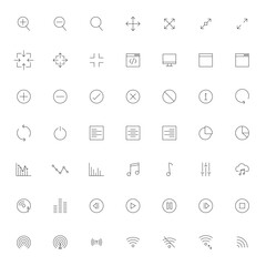 Minimalist thin line user interface icon set, Web and mobile app navigation symbols, Digital control elements collection, Outline media and chart graphics, Modern vector icon pack